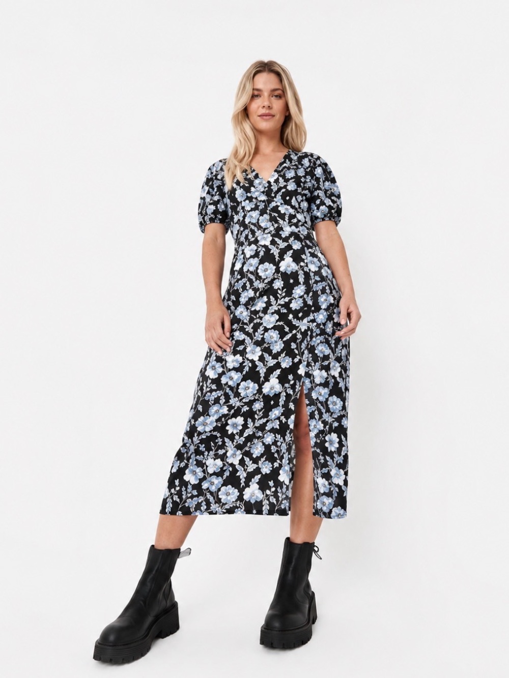 Missguided Black Midi Dress with Light Blue Floral Print